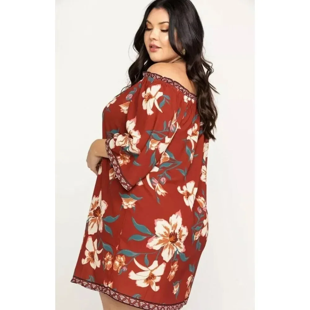 Flying Tomato Womens Plus Size 2X Bohemian Dress Red Floral ‎ Off Shoulder